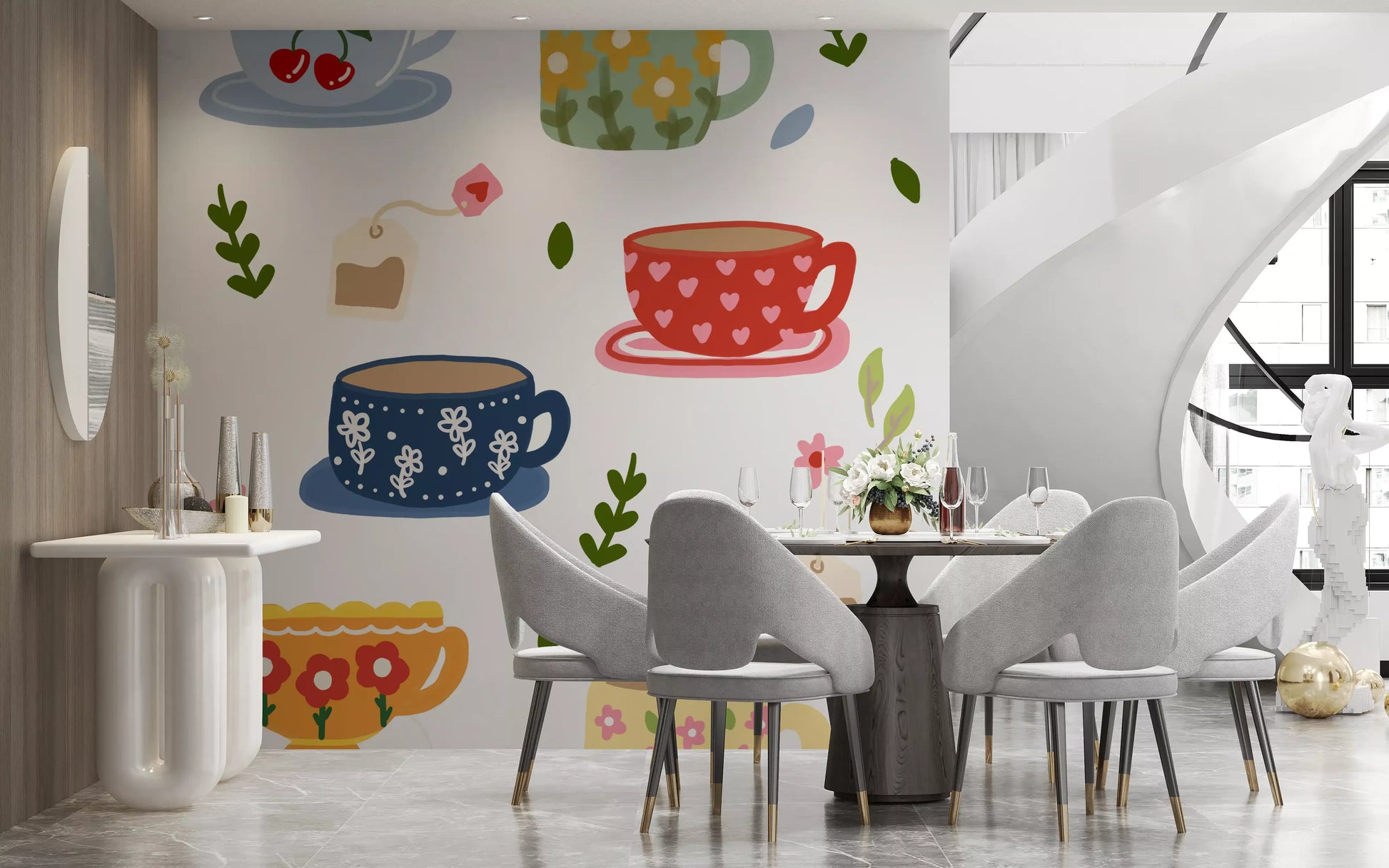 Pantry Teatime Wall Mural with tea tags, cups, and playful leaves