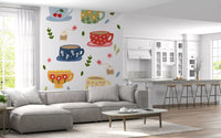 Kitchen mural showing tea cups, tags, petals, and fresh illustrated details