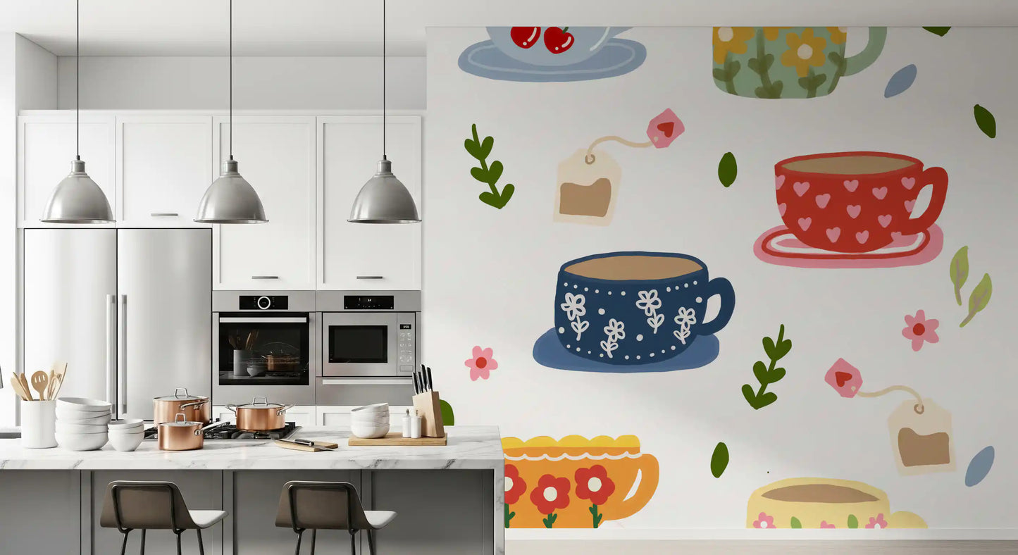 Tea-themed mural featuring cherry cup artwork and scattered flower details
