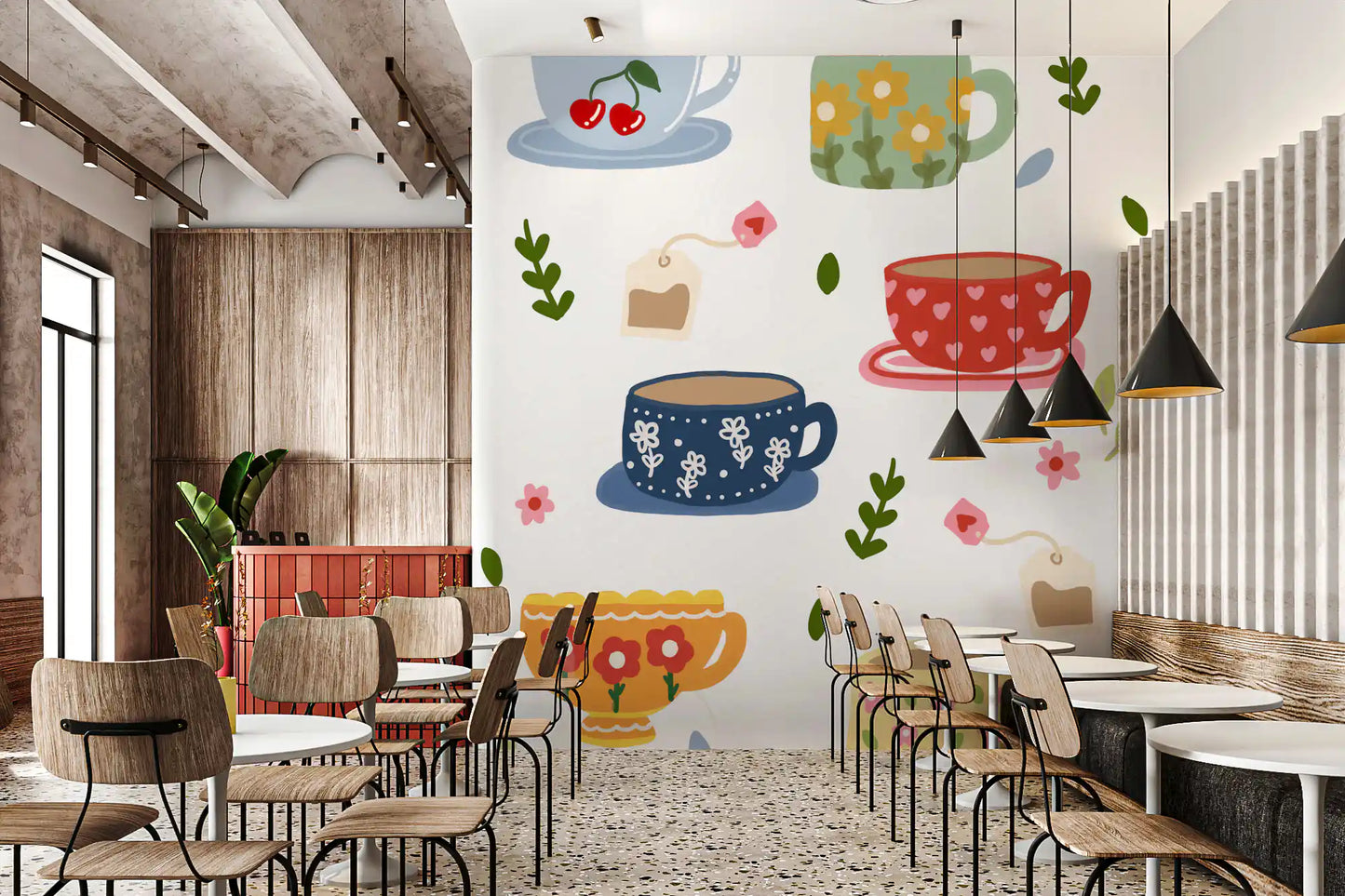 Cup wall mural with yellow, blue, green, and red illustrated drinkware