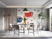 Floral tea mural with patterned mugs, leafy stems, and small blossom marks