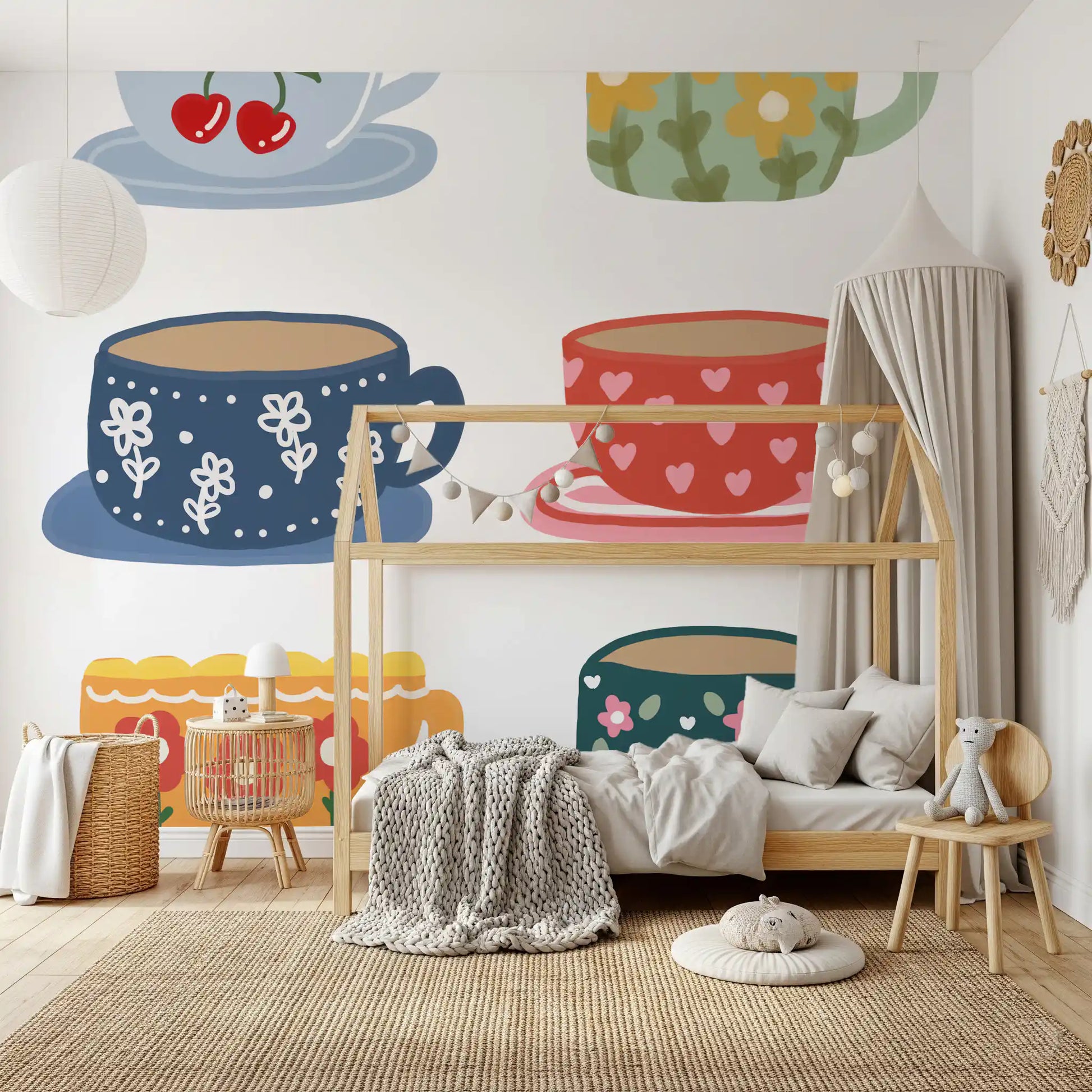 Tea Cups Wall Mural with six illustrated mugs in bright soft colours