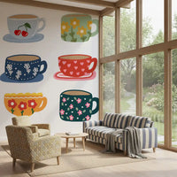 Café wall mural with Tea Cups illustrations and colourful handmade details
