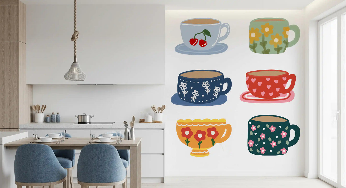 Kitchen Tea Cups Wall Mural with cherry cup and floral mug artwork