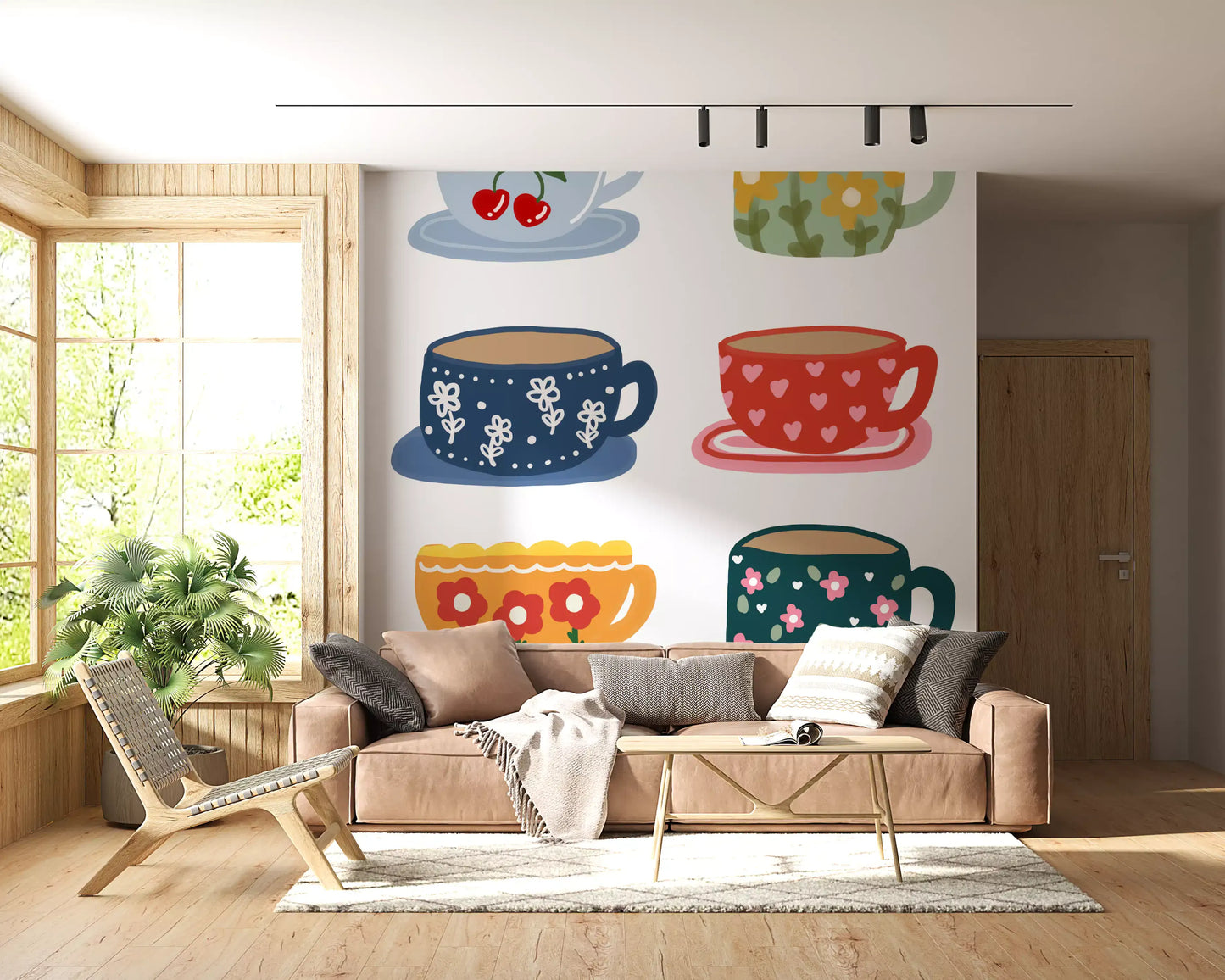 Teacup wall mural showing hearts, flowers, cherries, and polka dot cups