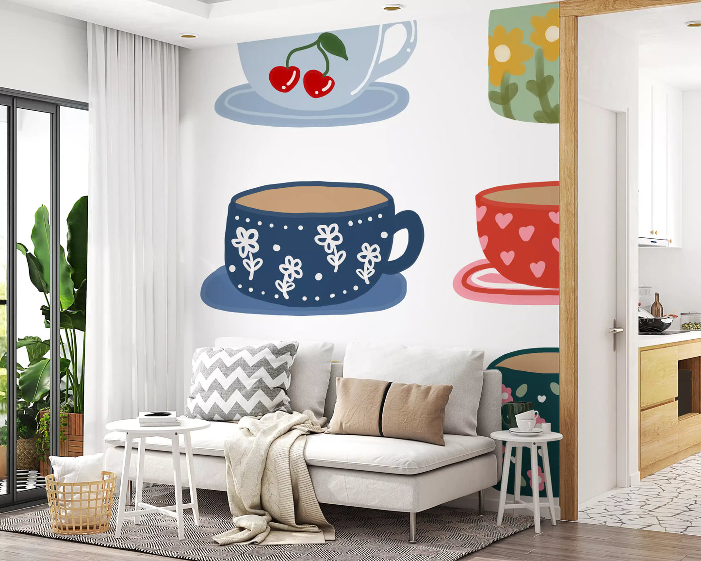 Tea mug mural featuring flower motifs, heart shapes, and cherry detail