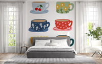 Floral cup mural with playful tea mugs and clean illustrated styling