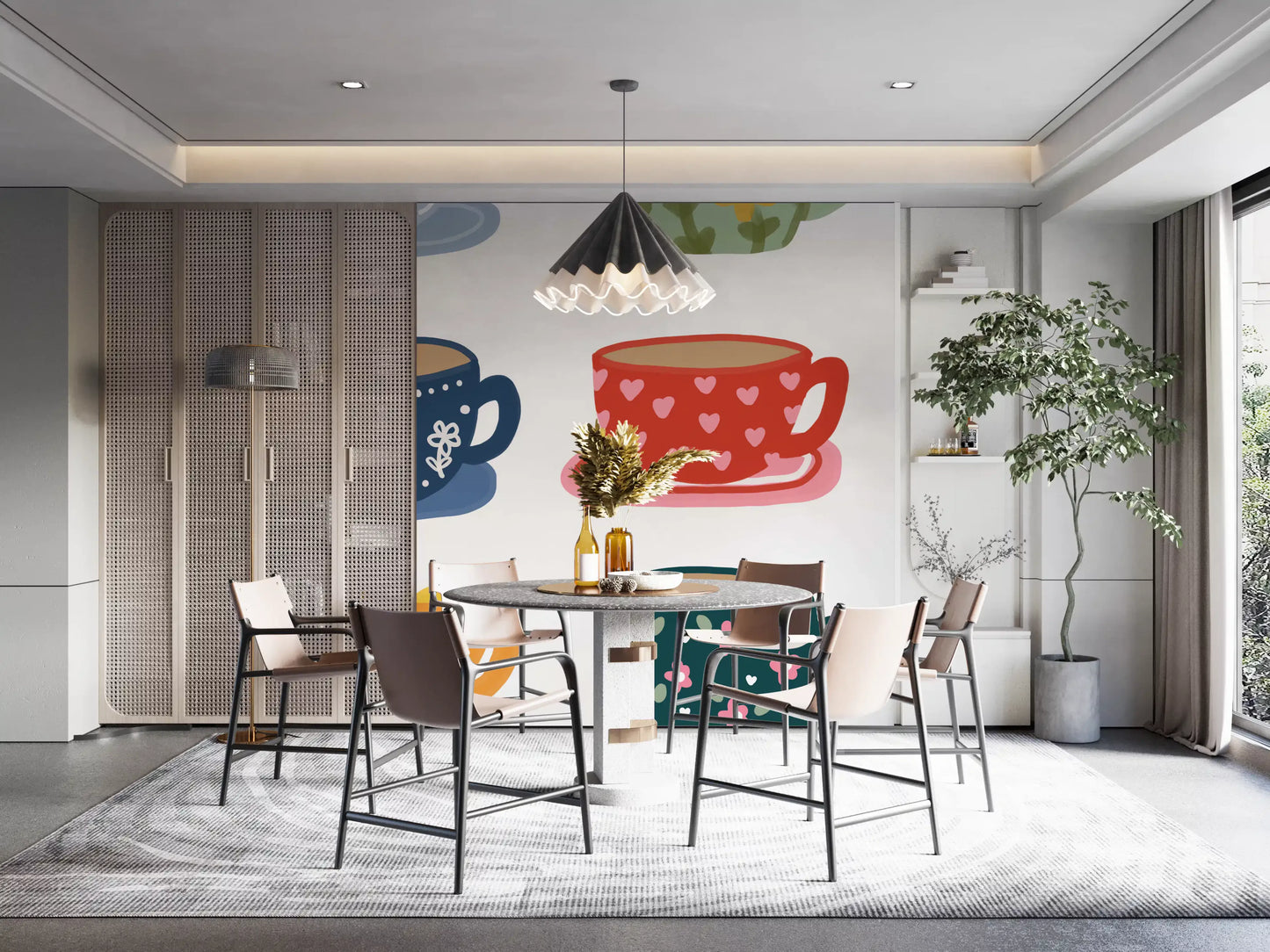 Dining area Tea Cups wall mural showing hearts, flowers, and teacup designs