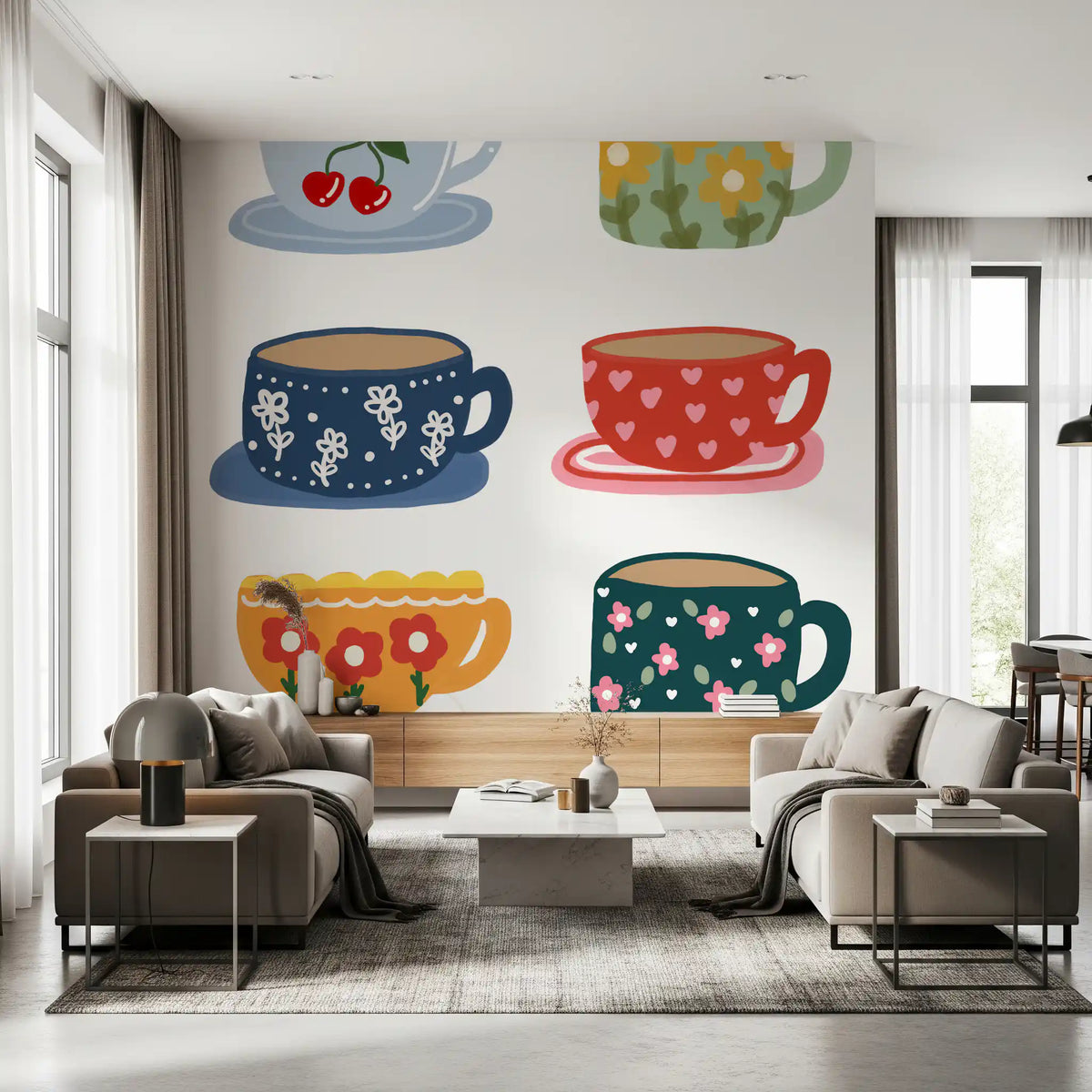 Abstract Tea Cups Tea Cups Wall Mural - Cute Floral Kitchen Cup abstract art