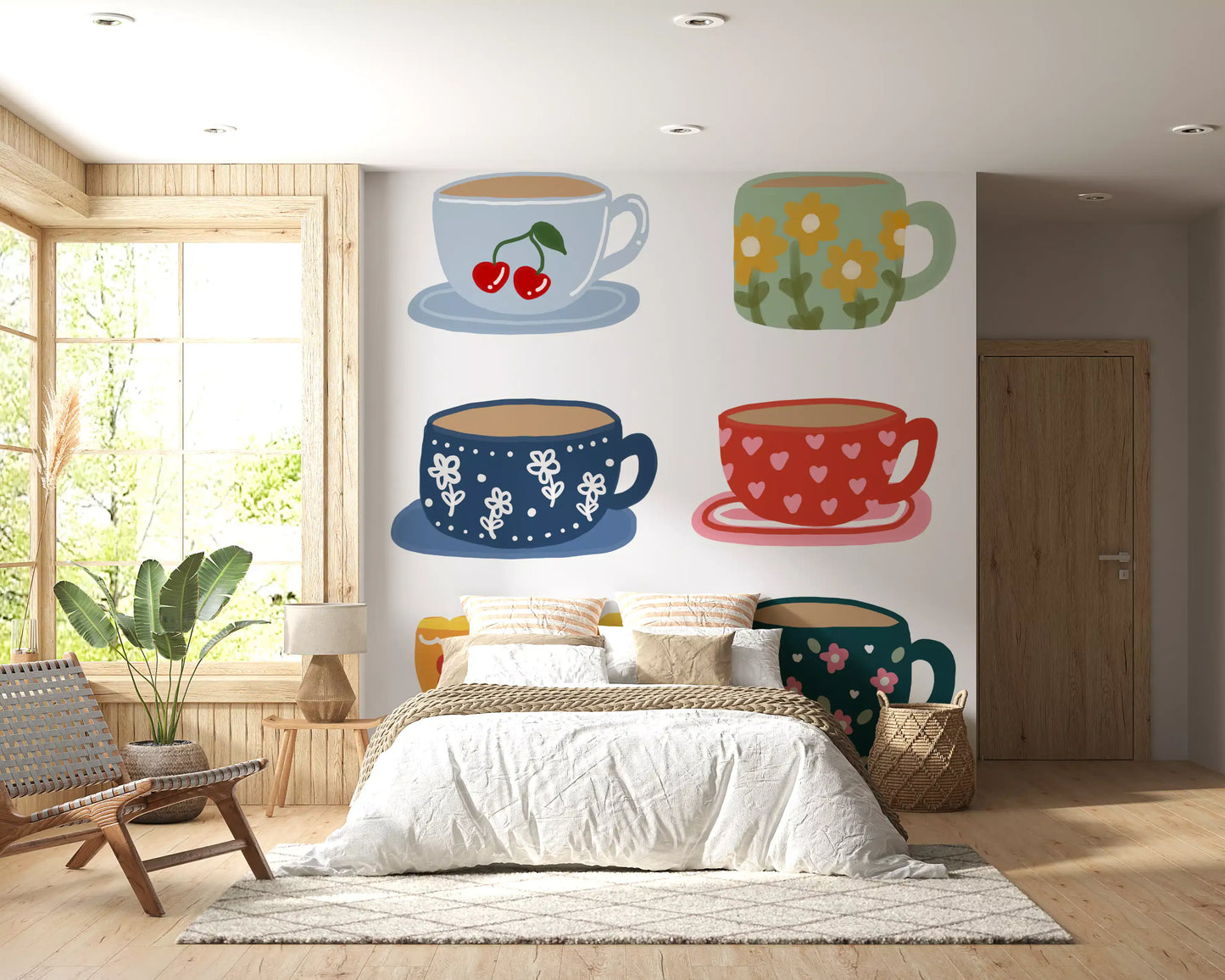 Bedroom wall mural featuring Tea Cups with cherries and floral prints