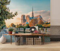 Sunset river mural featuring Seine water, amber light, and calm atmosphere