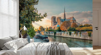 Bedroom Seine Sunset wall mural showing soft reflections and skyline detail