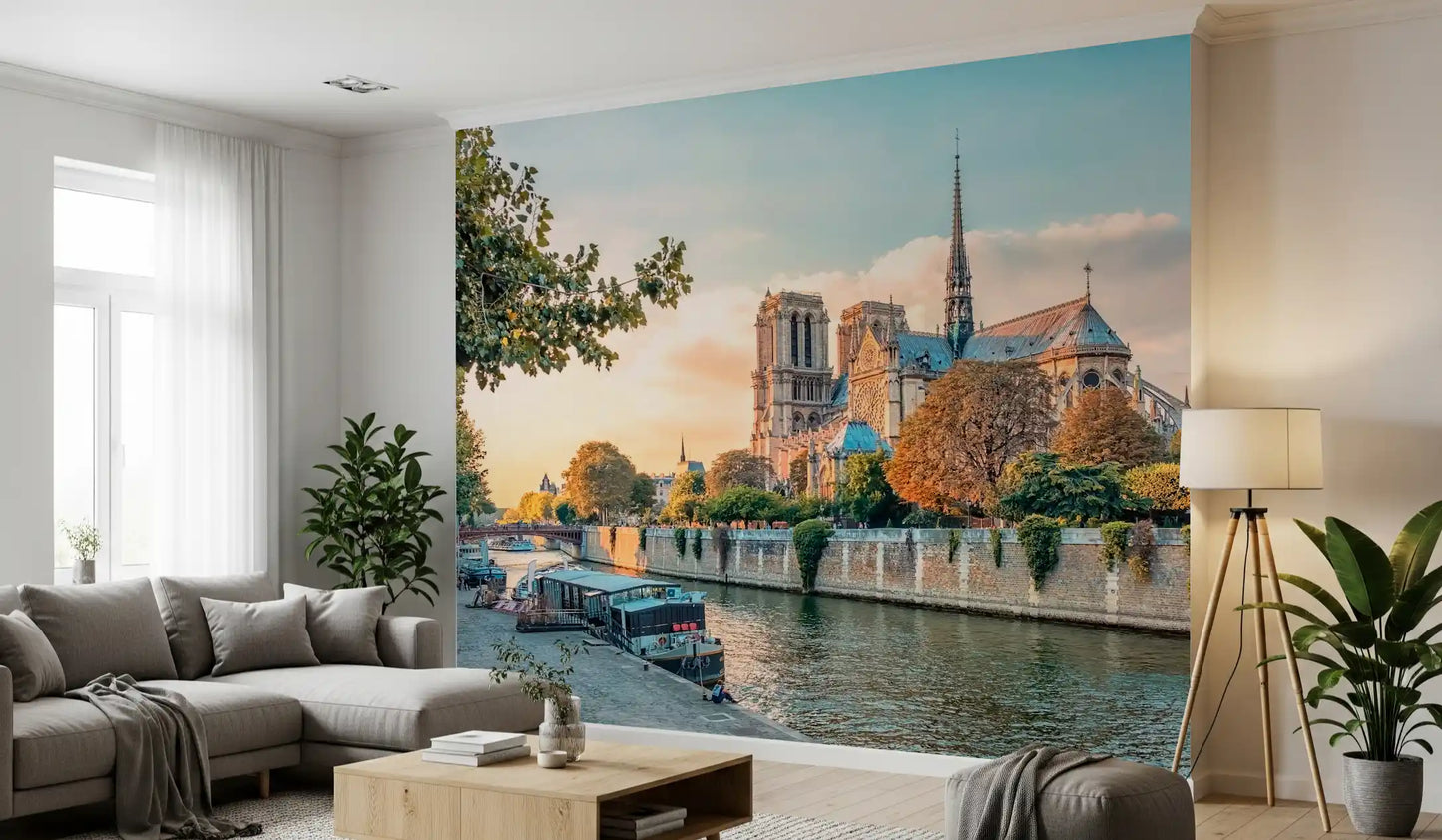 Living room Seine Reverie at Sunset wall mural with warm Paris river light