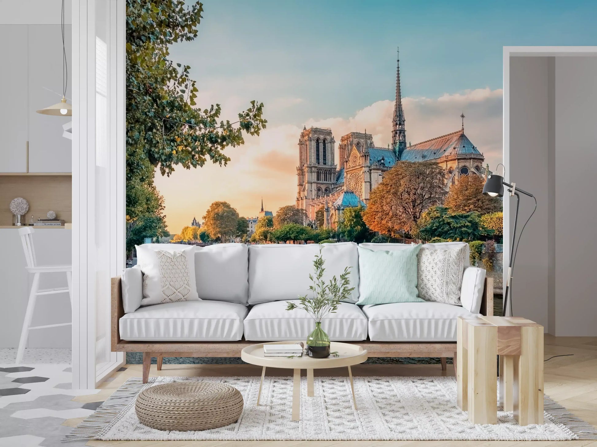 Seine sunset wall mural showing Paris scenery and soft water reflections