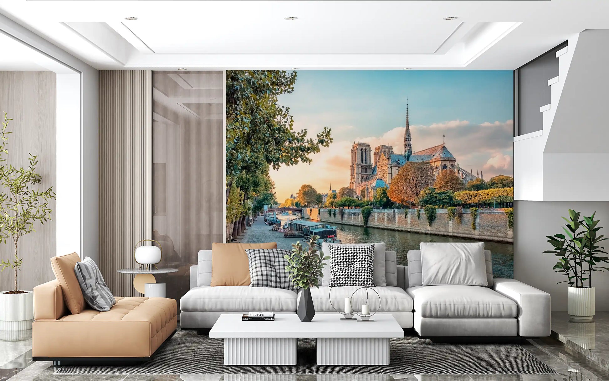 Hallway Paris River mural with sunset tones and calm waterside scenery