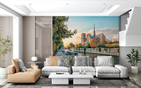 Hallway Paris River mural with sunset tones and calm waterside scenery