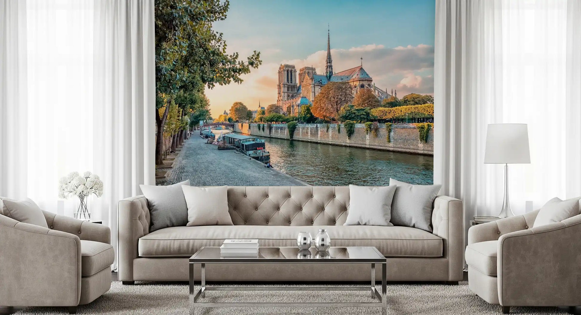 Paris river wall mural with warm dusk colour and gentle skyline depth