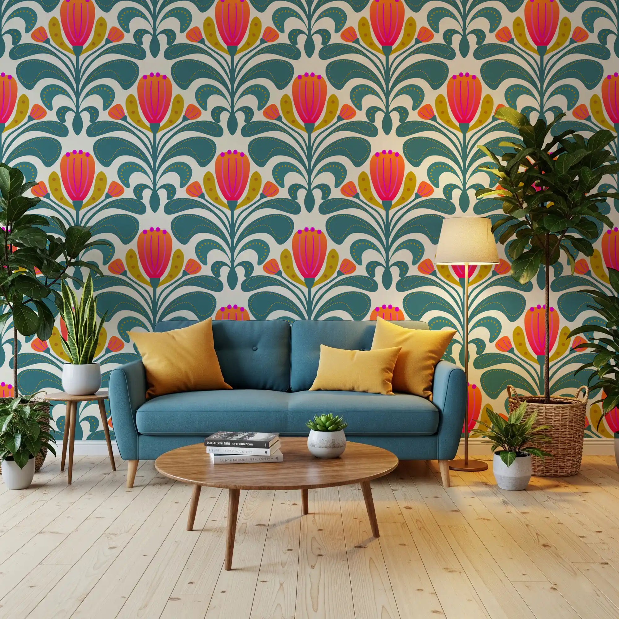 Teal botanical wallpaper with large curved leaves and bright flower motifs
