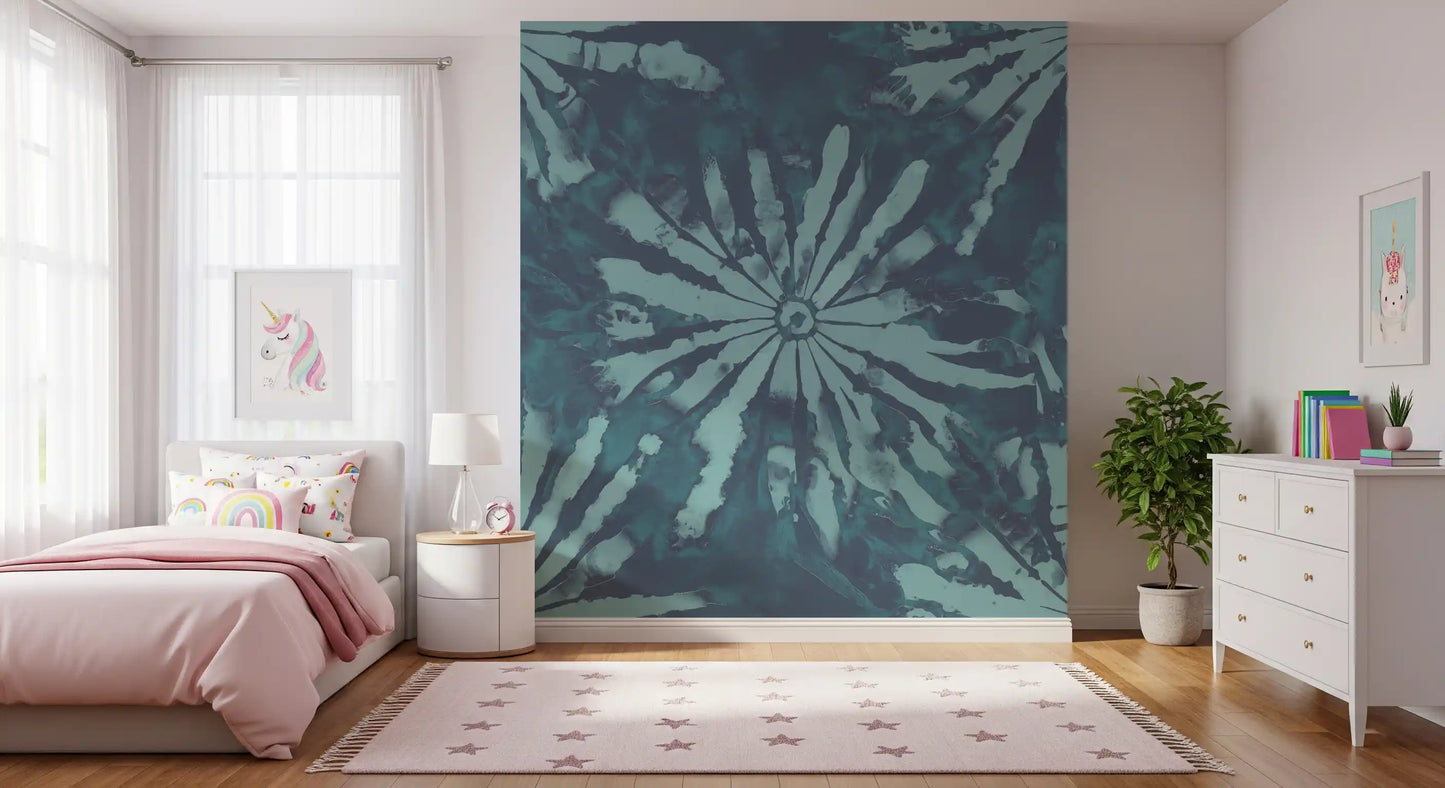 Bedroom blue abstract mural showing radial water-inspired movement