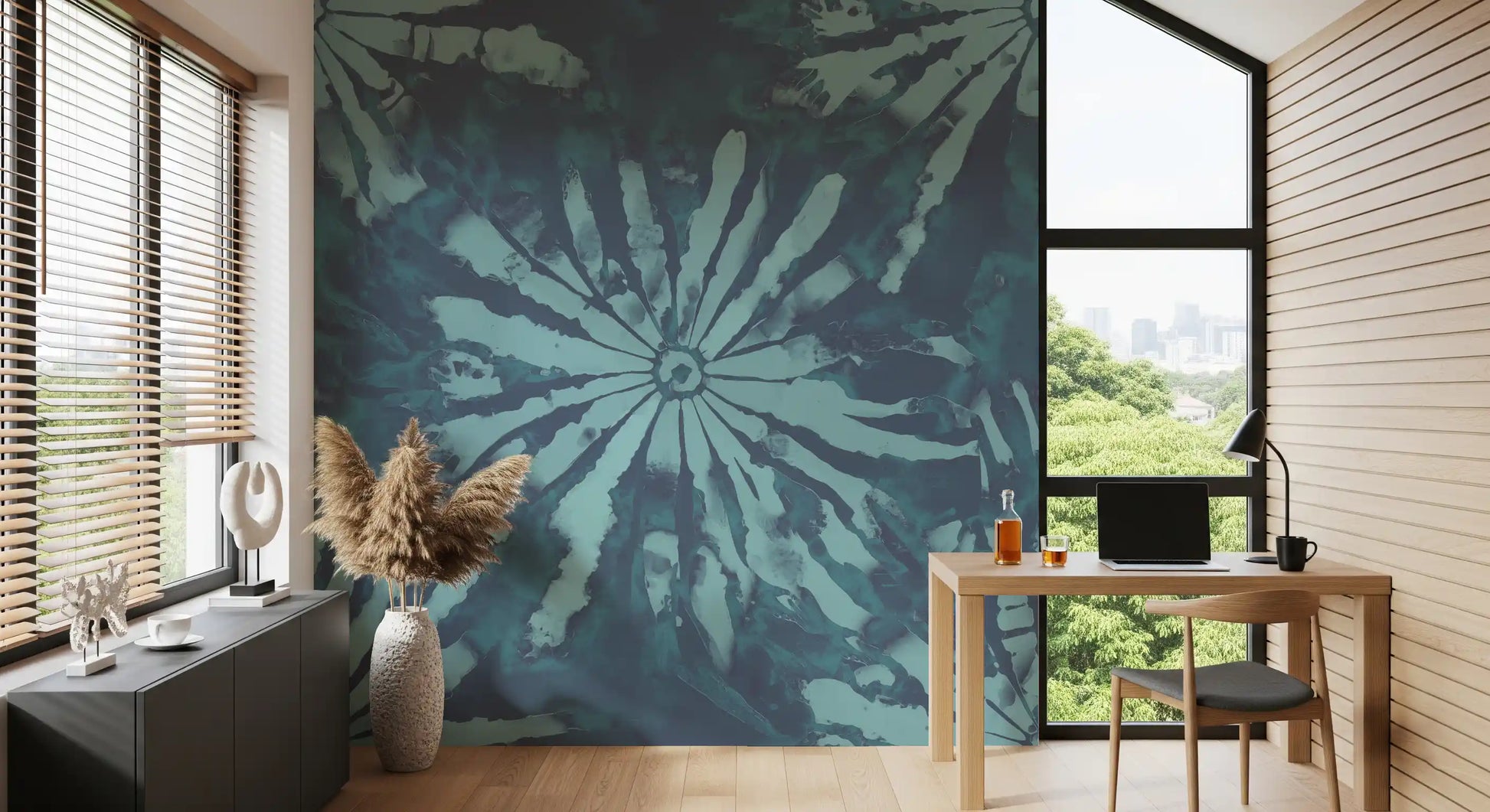 Oceanic wall mural showing blue-green washes and soft burst detail