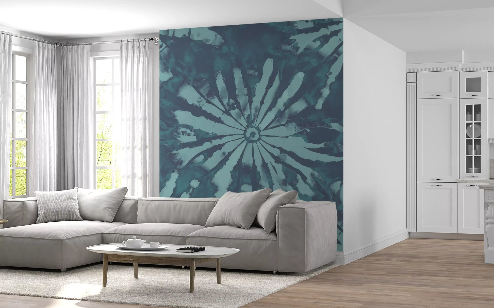 Living room Subaqueous Burst wall mural with deep aqua bloom artwork