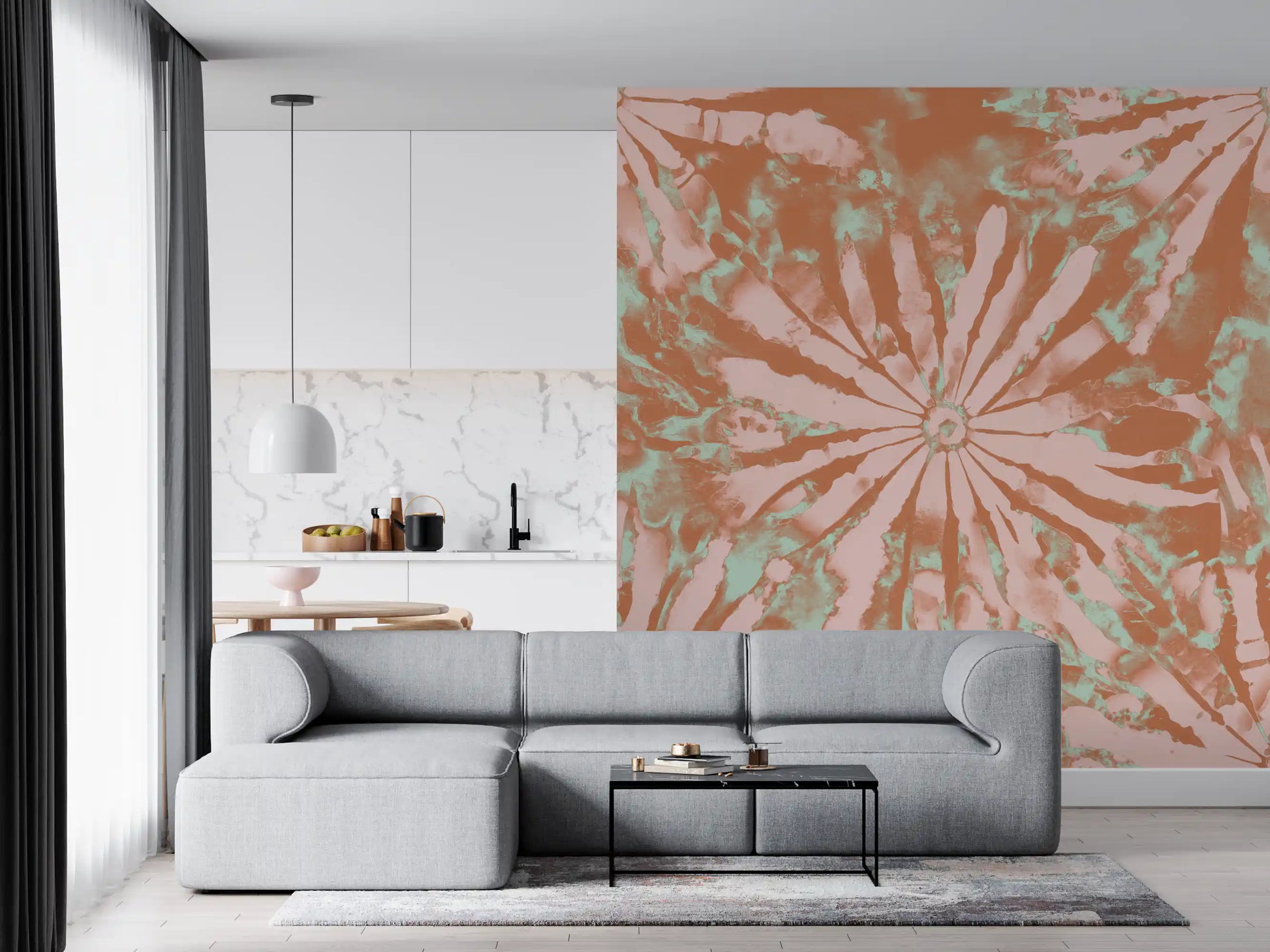 Terra Bloom Radiance Wall Mural with sunburst flowers and mint accents