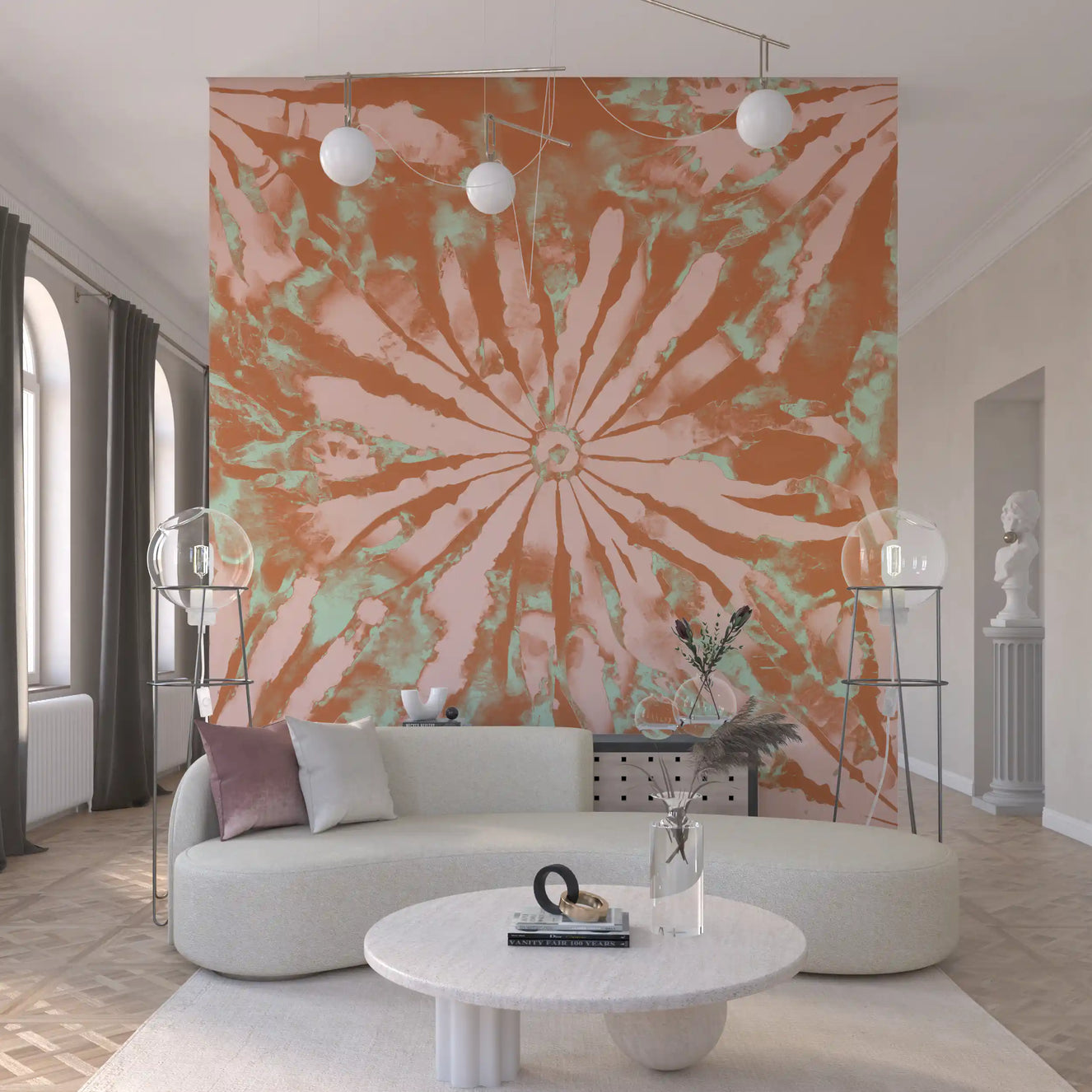 Living room Terra Bloom Radiance wall mural with terracotta floral bursts