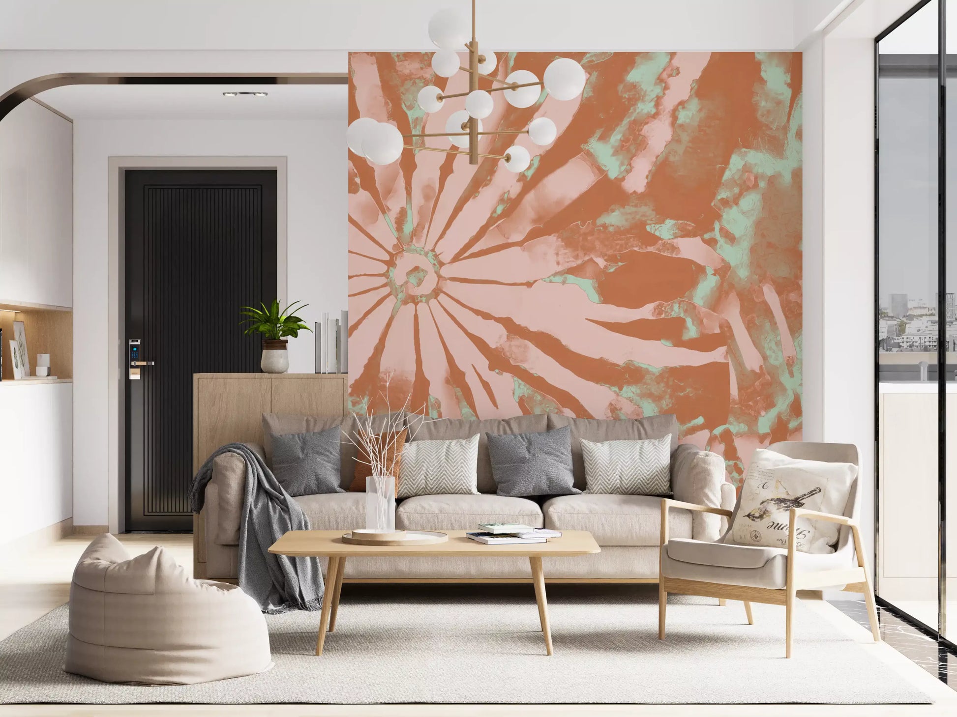 Terra wall mural with warm botanical shapes and pastel painted detail