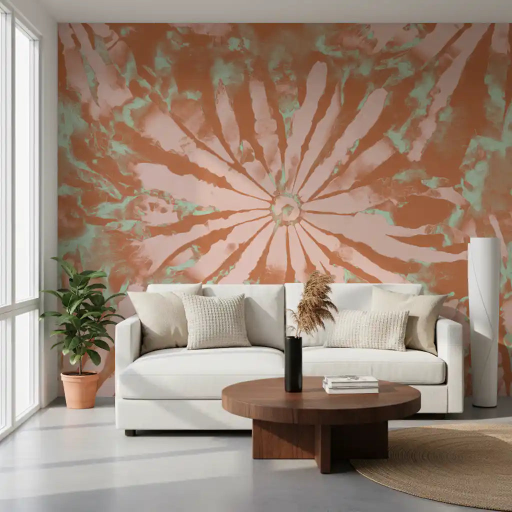Abstract flower mural with radiating floral forms and textured colour layers