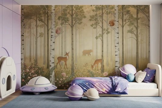Kids room glows in woodland tones with Forest Animals Wildflowers Warm Sun wall mural