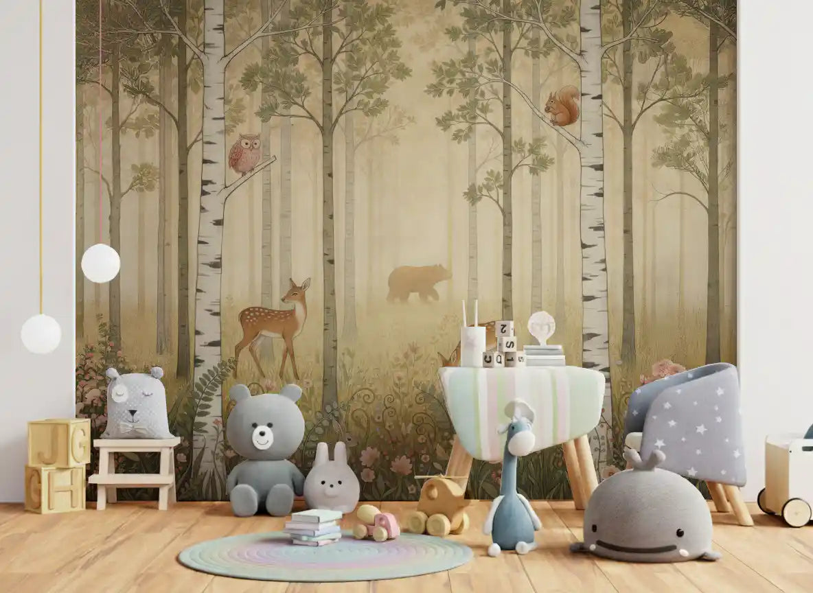 Animaux de la forêt et fleurs sauvages – Fresque murale Soleil chaud