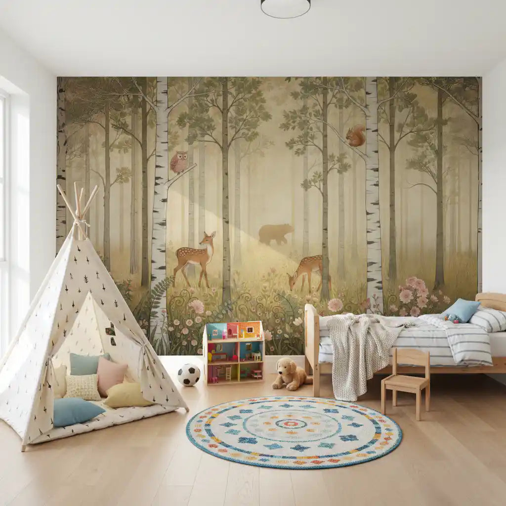 Animaux de la forêt et fleurs sauvages – Fresque murale Soleil chaud