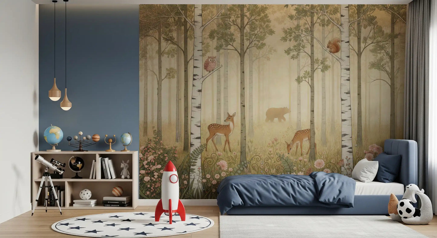 Animaux de la forêt et fleurs sauvages – Fresque murale Soleil chaud