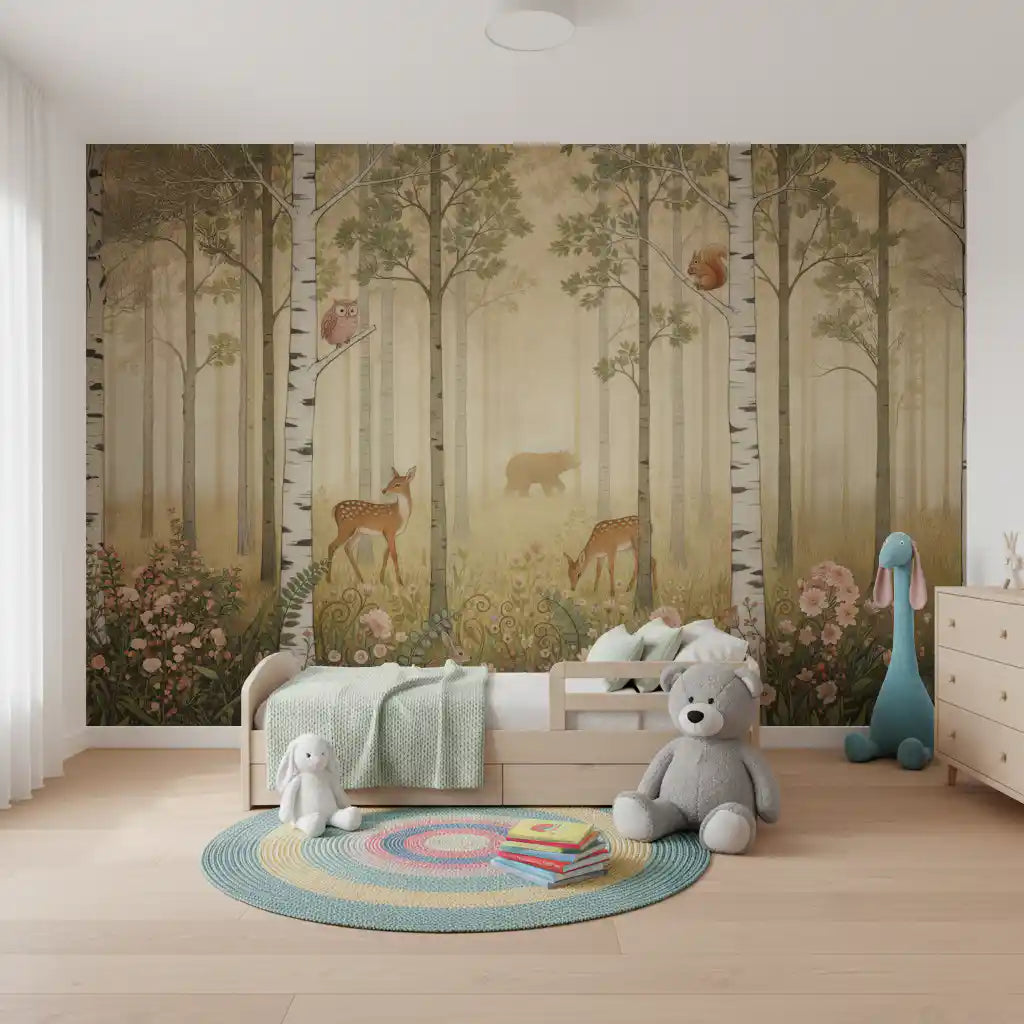 Animaux de la forêt et fleurs sauvages – Fresque murale Soleil chaud