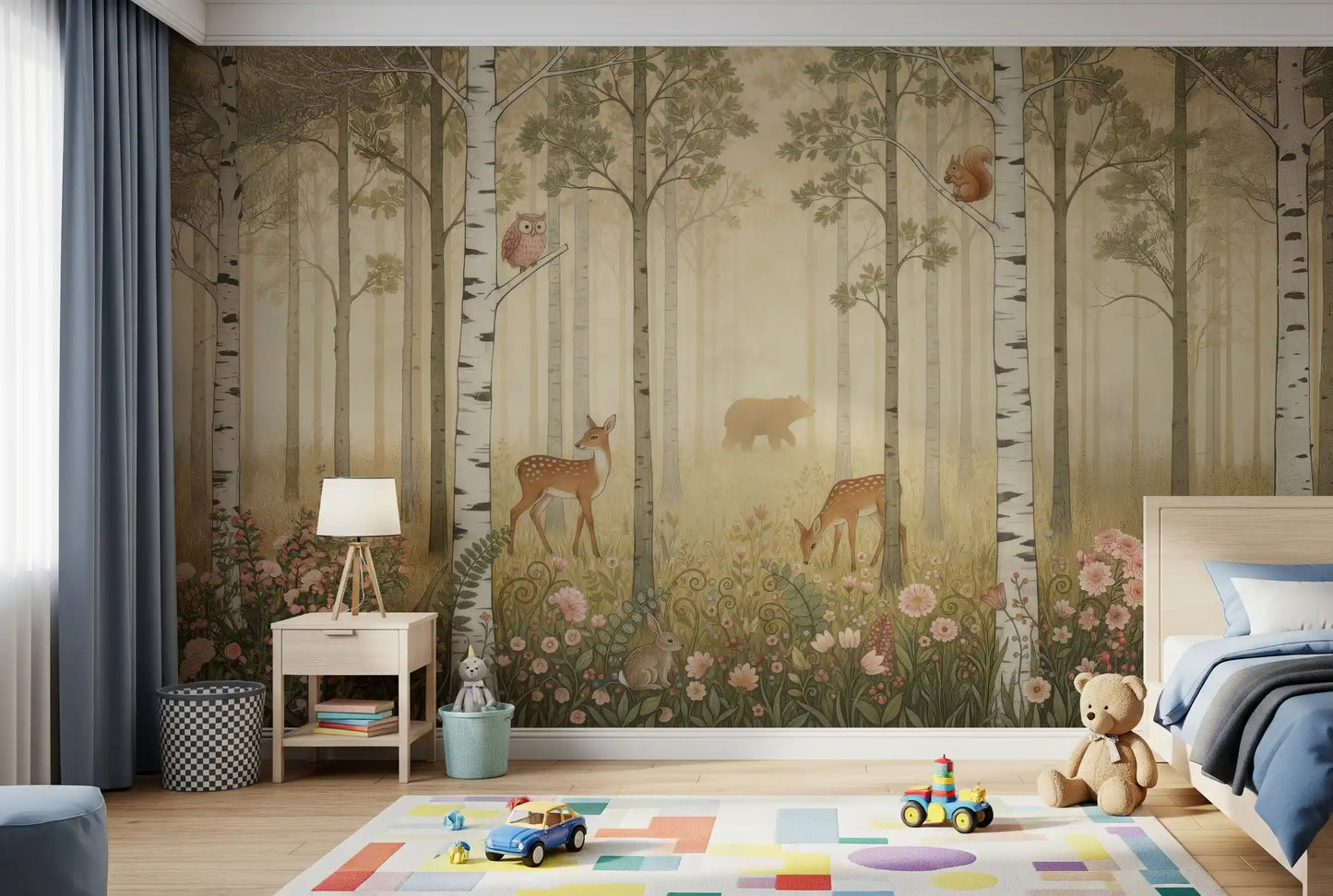 Animaux de la forêt et fleurs sauvages – Fresque murale Soleil chaud