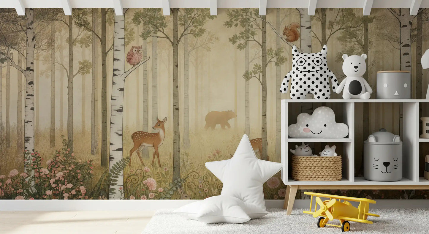 Animaux de la forêt et fleurs sauvages – Fresque murale Soleil chaud