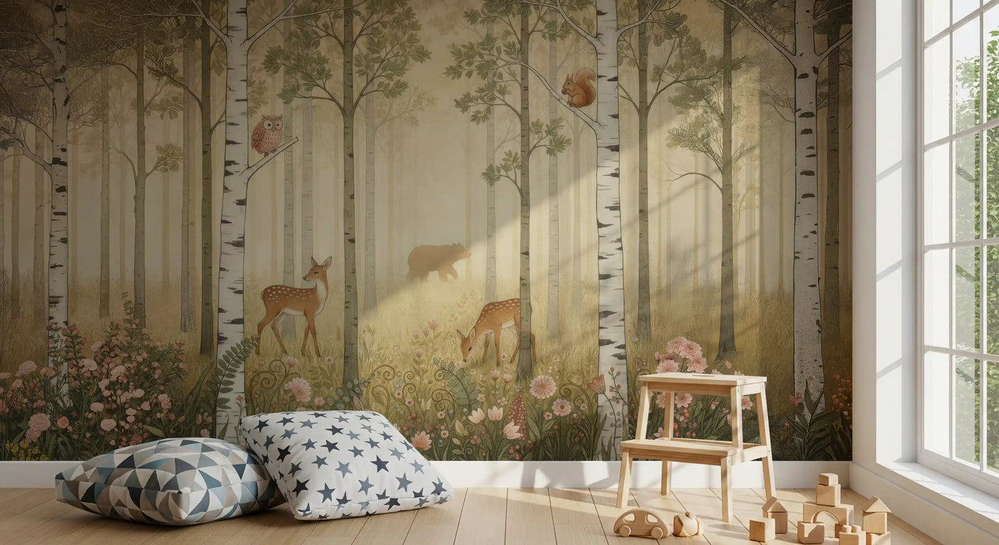 Animaux de la forêt et fleurs sauvages – Fresque murale Soleil chaud