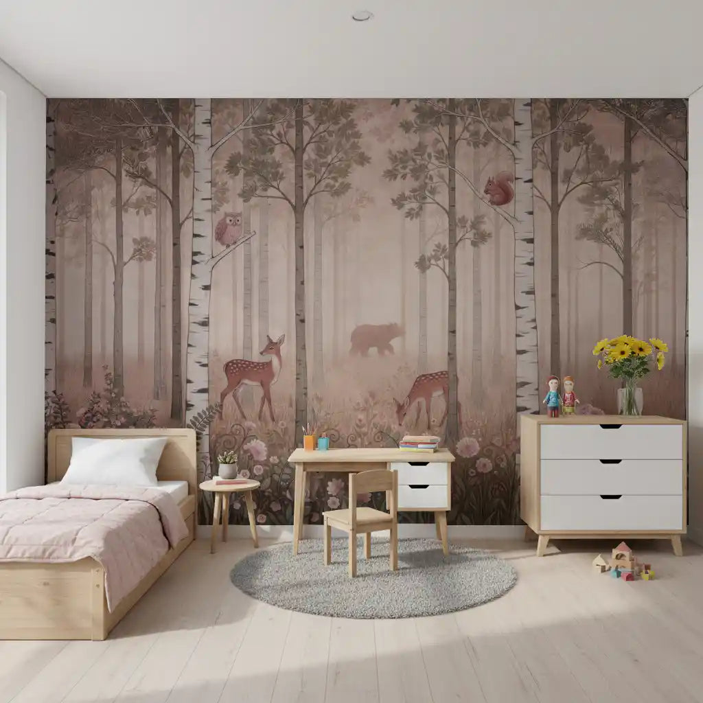 A pink dawn forest wall mural rises behind the bedroom, alive with deer and birch.