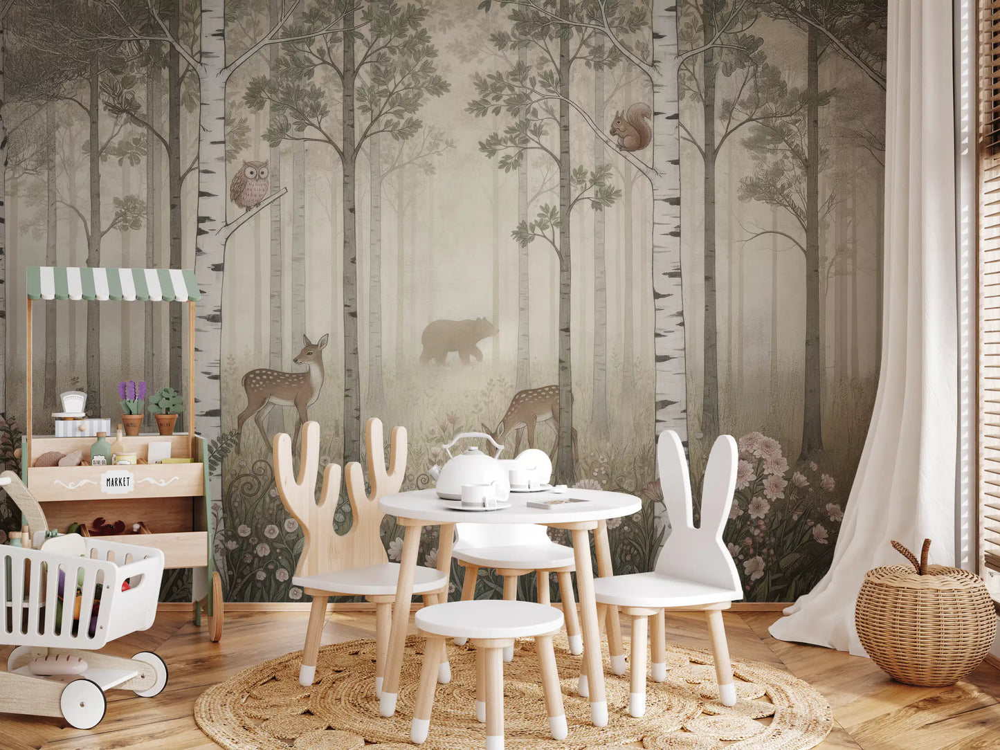 Animaux de la forêt et fleurs sauvages – Fresque murale Jour brumeux