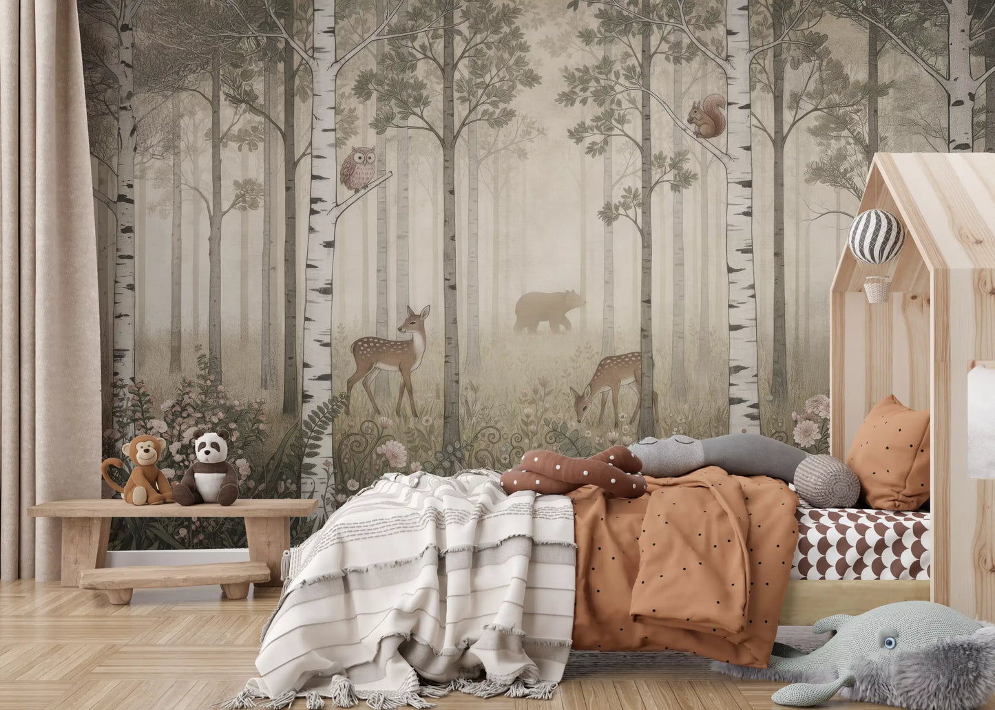 Animaux de la forêt et fleurs sauvages – Fresque murale Jour brumeux