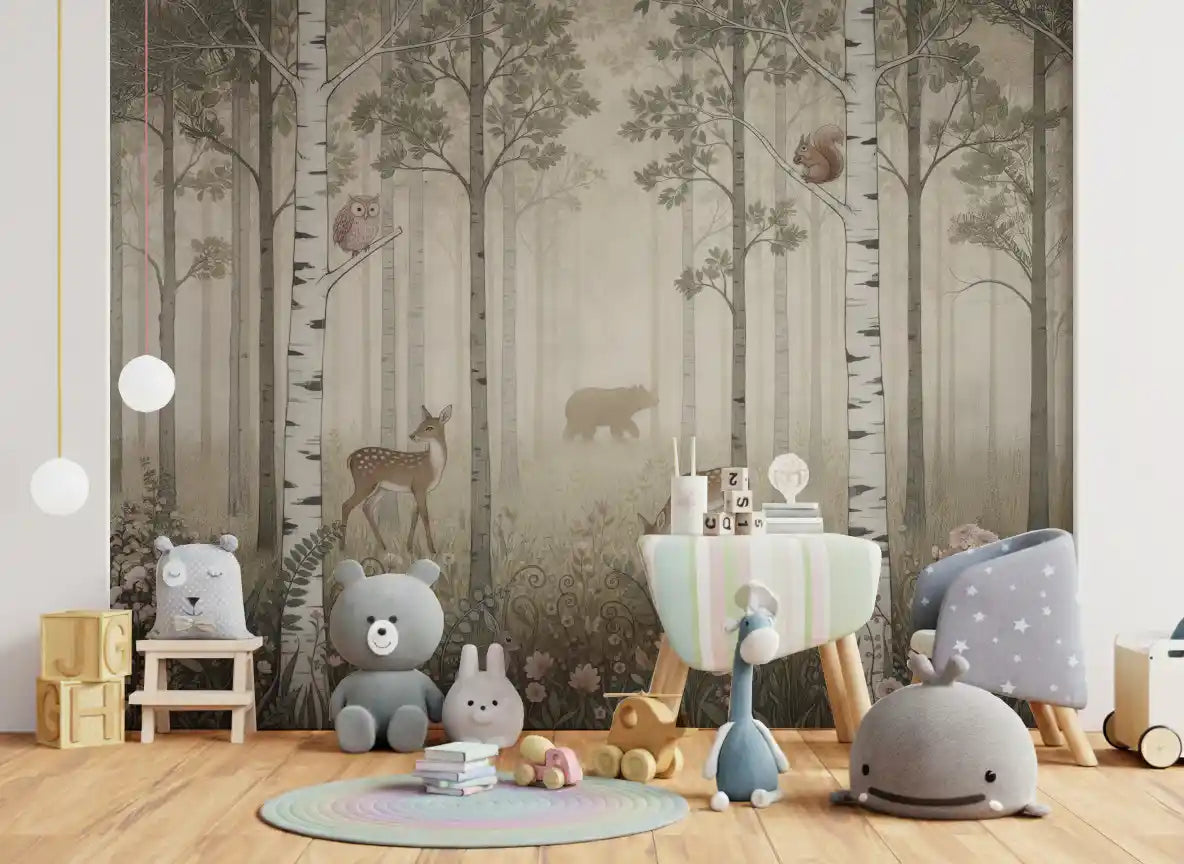 Animaux de la forêt et fleurs sauvages – Fresque murale Jour brumeux