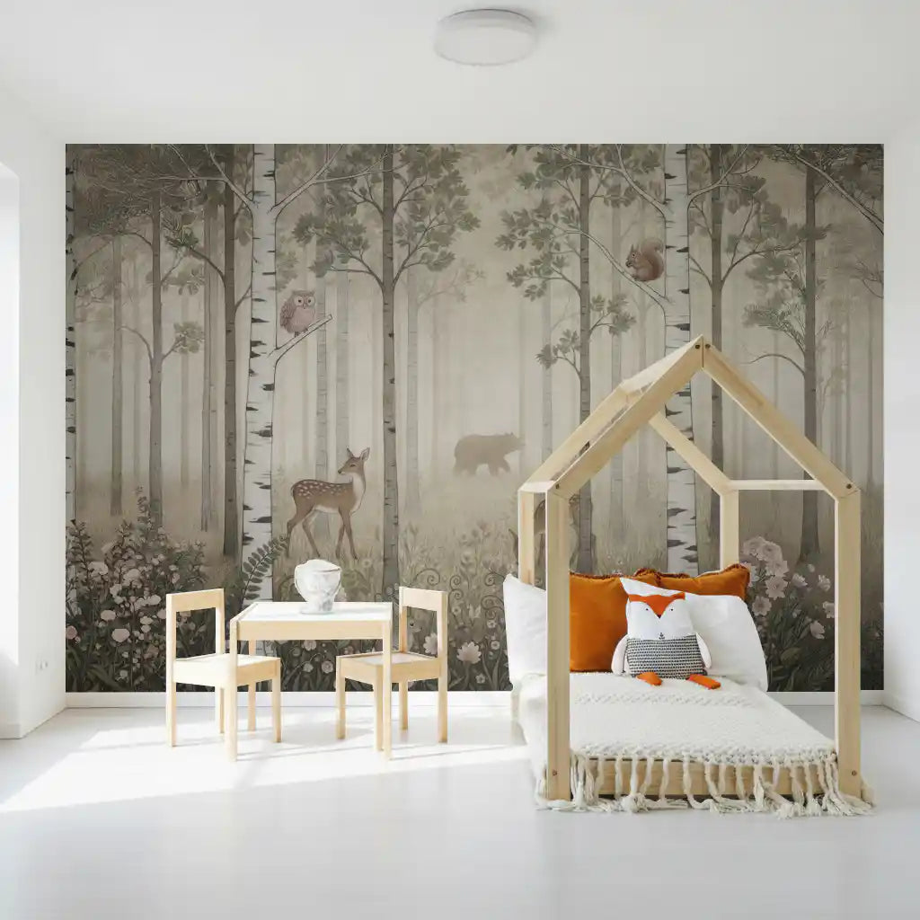 Animaux de la forêt et fleurs sauvages – Fresque murale Jour brumeux