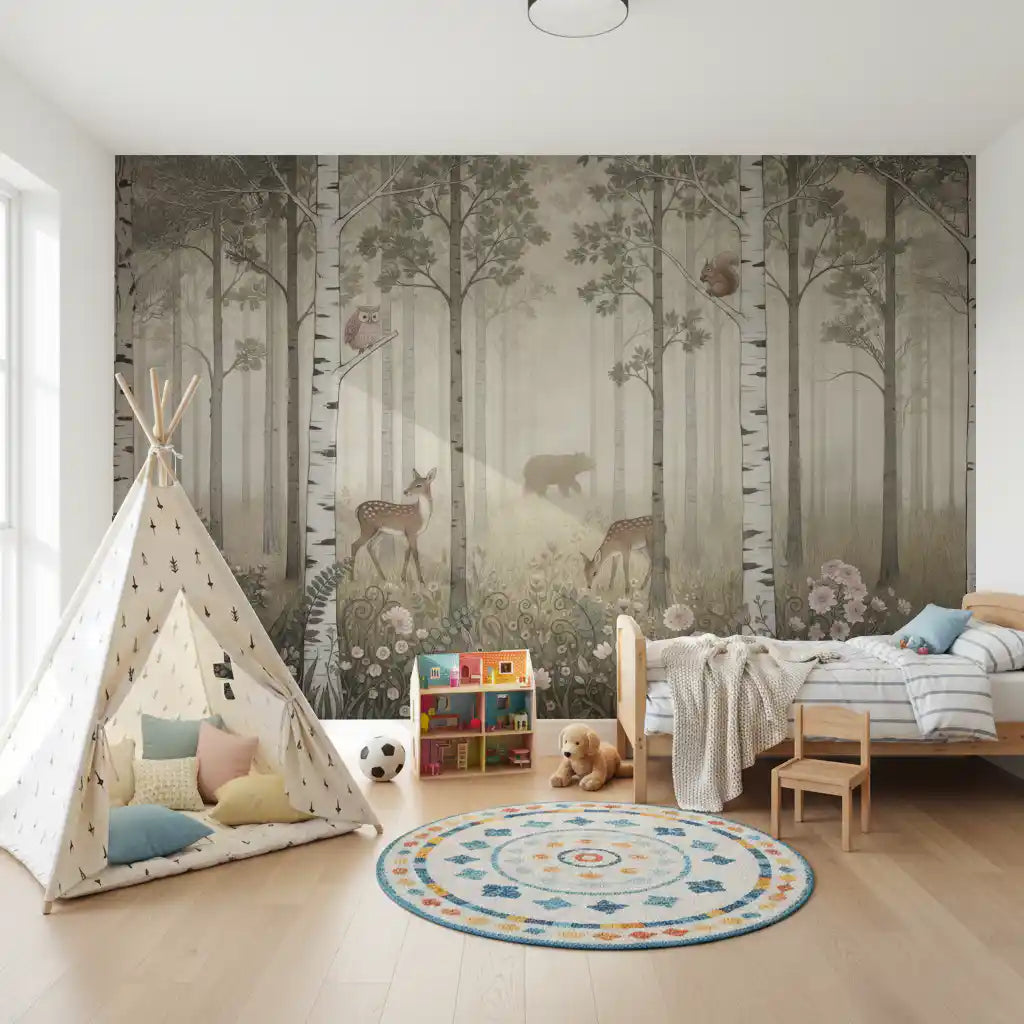 Animaux de la forêt et fleurs sauvages – Fresque murale Jour brumeux