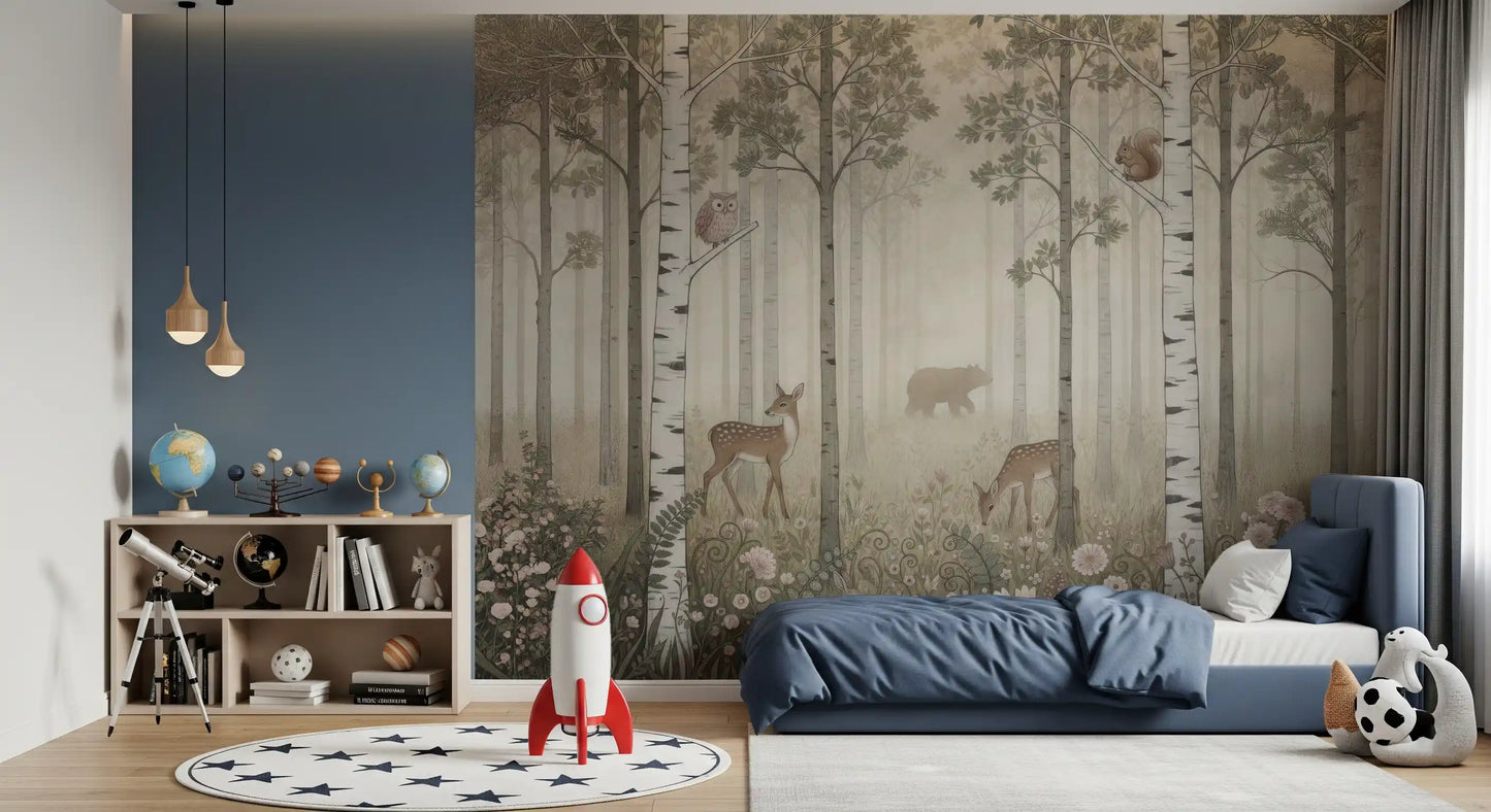 Animaux de la forêt et fleurs sauvages – Fresque murale Jour brumeux