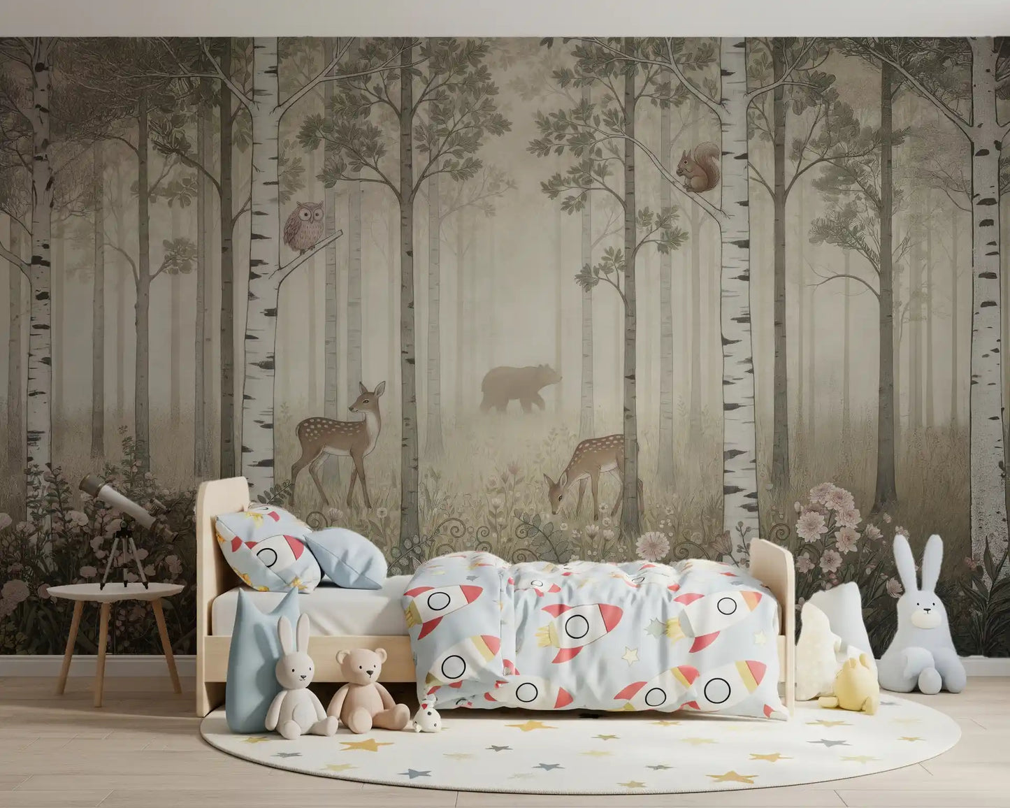 Animaux de la forêt et fleurs sauvages – Fresque murale Jour brumeux