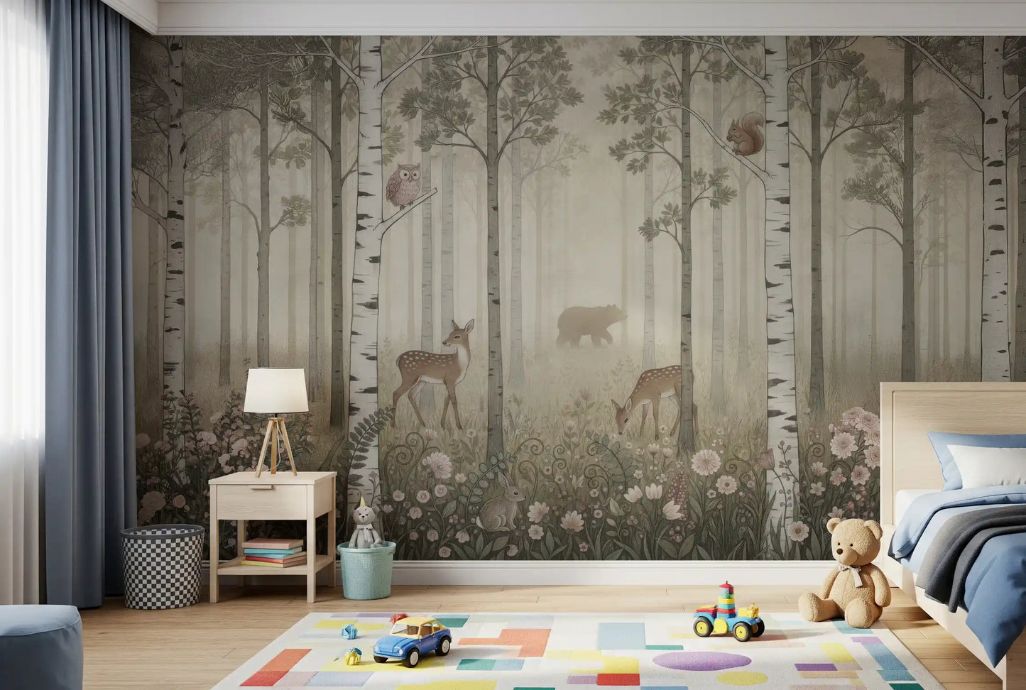 Animaux de la forêt et fleurs sauvages – Fresque murale Jour brumeux