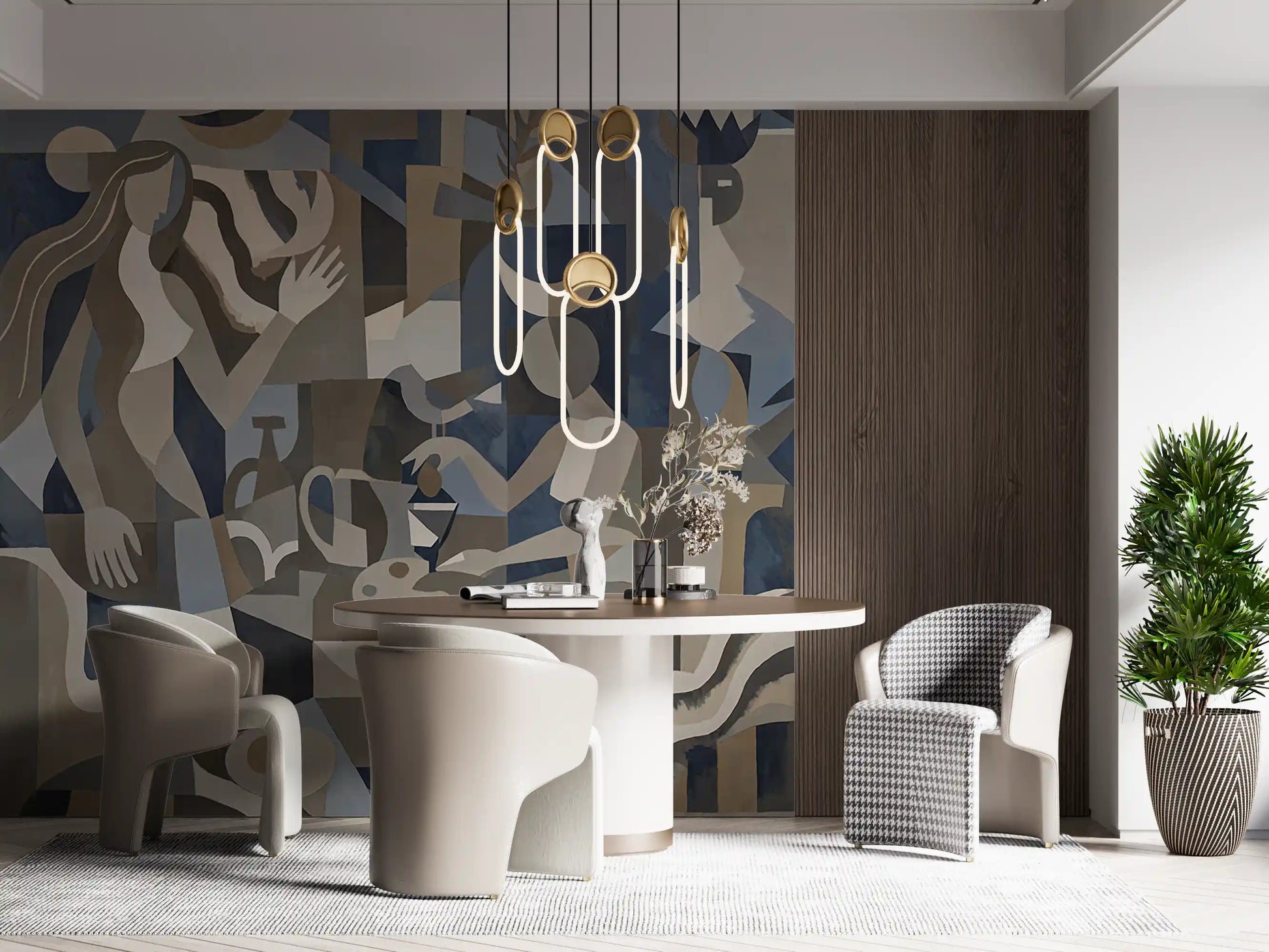Pottery, jugs, and abstract foliage shape the painterly Lunar Eclipse wall mural.