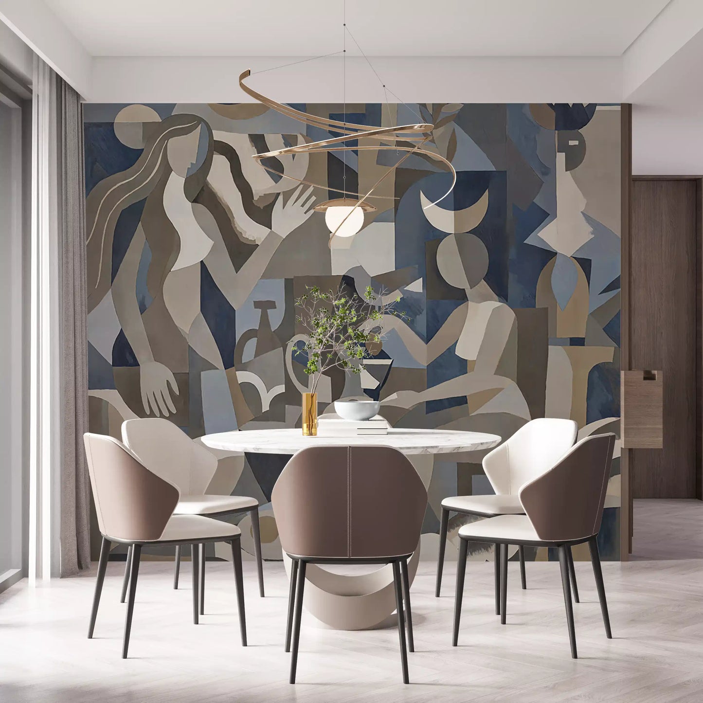 Open dining area framing the Lunar Eclipse wall mural across a long feature panel.
