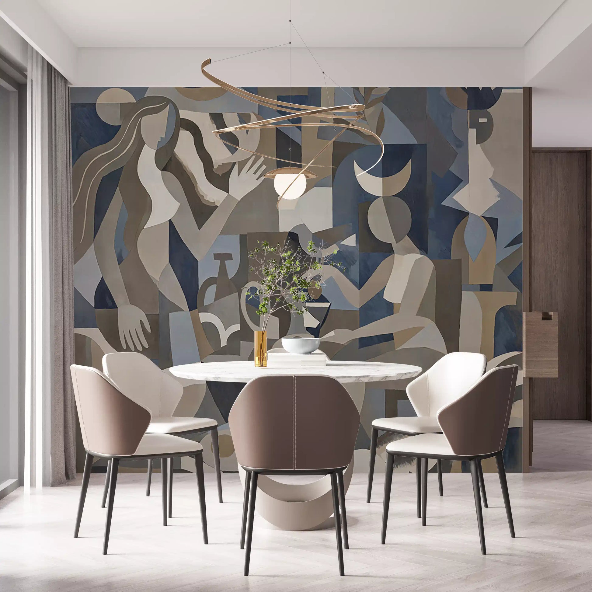 Open dining area framing the Lunar Eclipse wall mural across a long feature panel.

