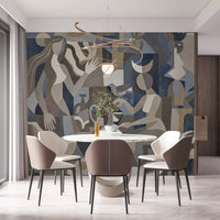 Open dining area framing the Lunar Eclipse wall mural across a long feature panel.
